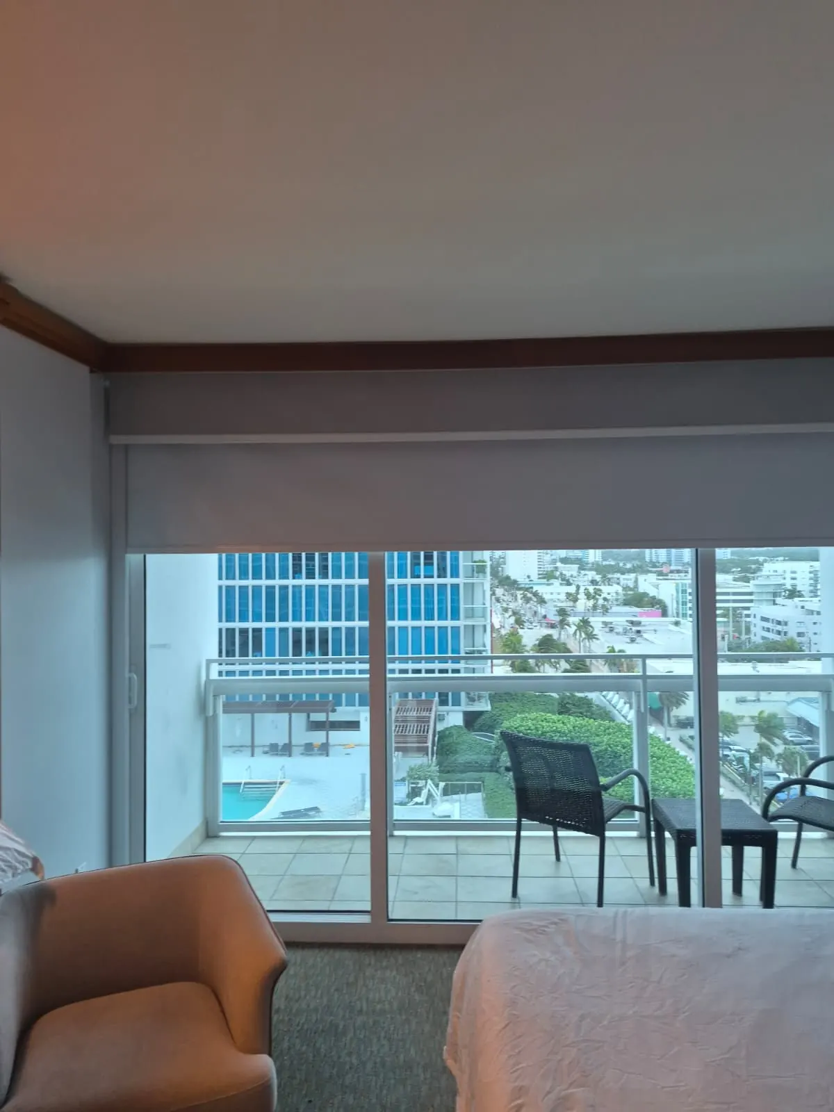 Solar screen roller shade over a balcony sliding door, pool deck and palm-lined street visible through the sheer fabric
